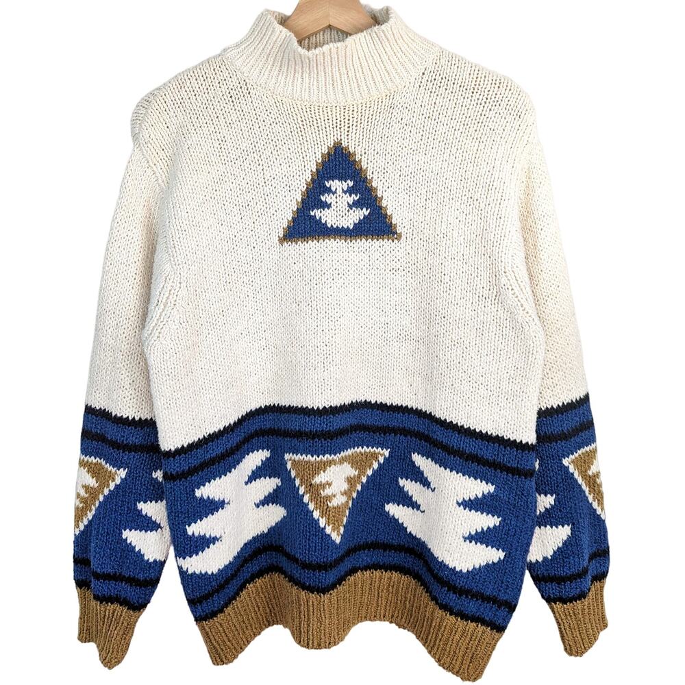 Vintage Aztec Mock Neck Sweater Pullover Geometric Grandpa Blue Southwestern S